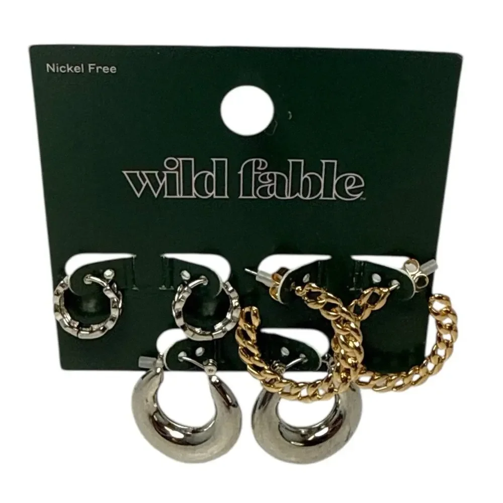 Wild Fable 3 Pair Gold Silver Hoop Earrings Textured Mixed Set NWT